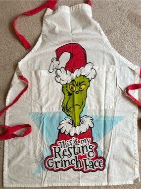 The Grinch Holiday Apron with Red Trim Resting Grinch Face Christmas Apron